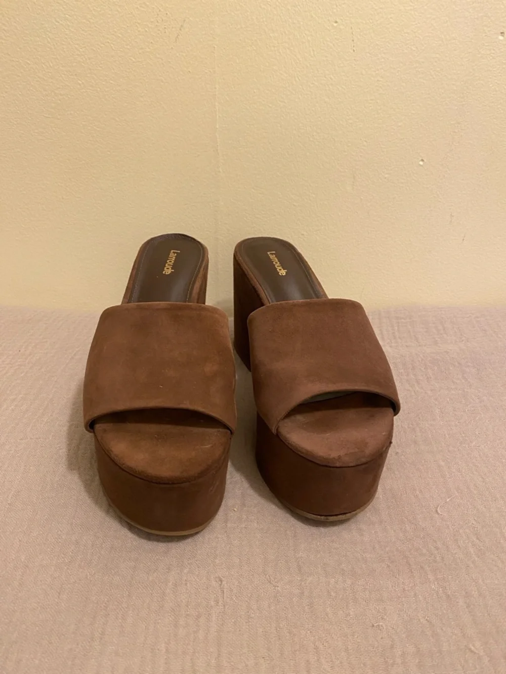 Larroude Brown Suede Platform Slide Sandals. Size 8.5